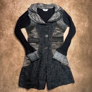 Keren Hart Vintage Patchwork Knit Cardigan Sweater Gray Wool Blend Long Sleeve